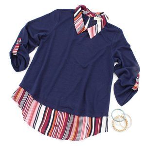 Faith and Joy Navy Top with Stripes S  NWT